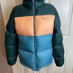 Cotopaxi Solazo Colorblock Puffer Jacket - Green, Blue, and peach